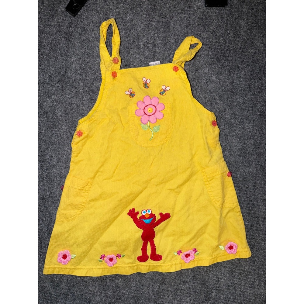 Vintage 90s Sesame Street Elmo Overall Dress 5T Yellow Floral Bee Embroidered